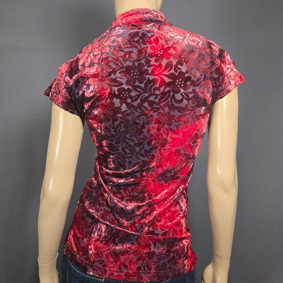 Vintage 90s Red Flocked Velvet Burnout Asian Style Top Size S Gothic Whimsigoth - Picture 11 of 14